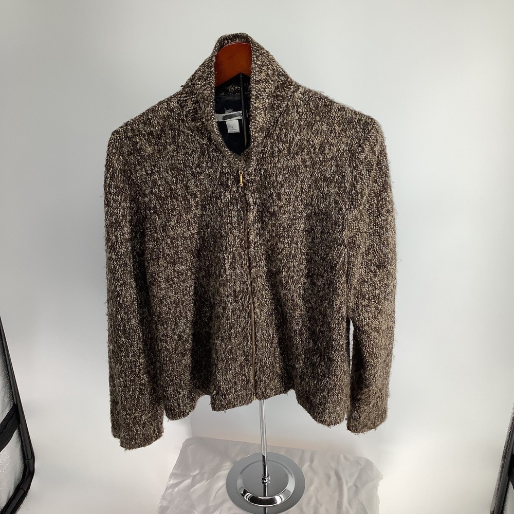 Dressbarn Womens‎ Brown Marled Boucle Full Zip Mock Neck Knit Jacket Large L
